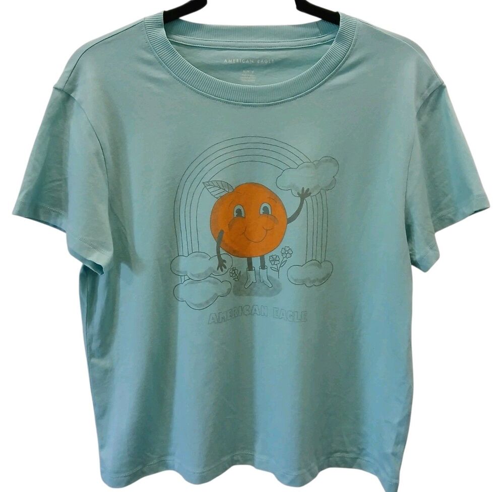 American Eagle Retro Orange Graphic Tee Womens Sz Medium Mint Teal Rainbow Shirt